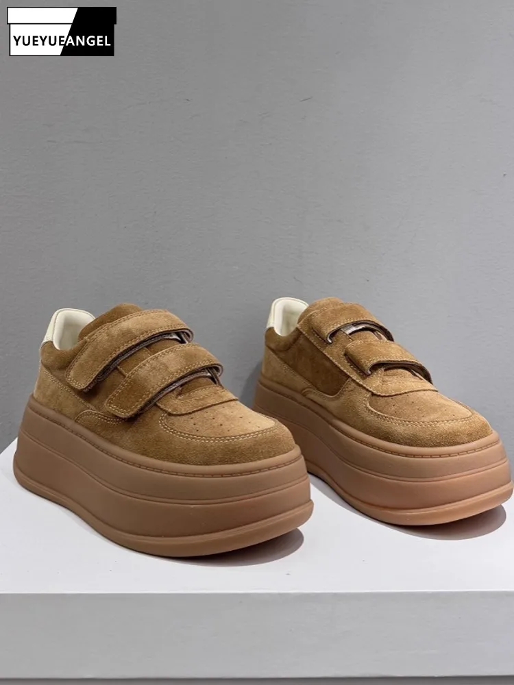 Fashion Women Thick Platform Real Leather Pumps Casual Hook Loop Joggers Sneakers Autumn Comfortable Low Cut Skateboard Shoes