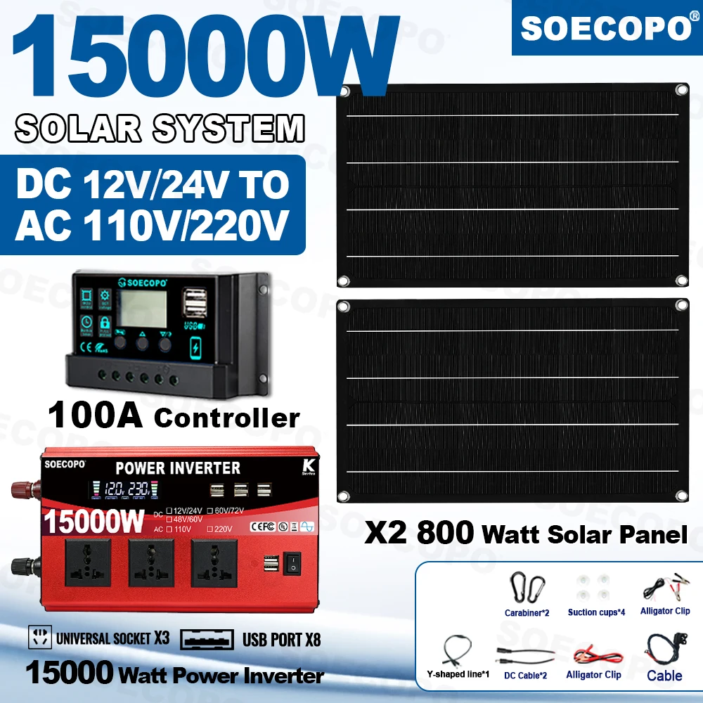 

SOECOPO 15000W Complete Photovoltaic System Kit - 2*800W Solar Panels DC 110V/220V Inverter 100A Controller Balcony Power Plant