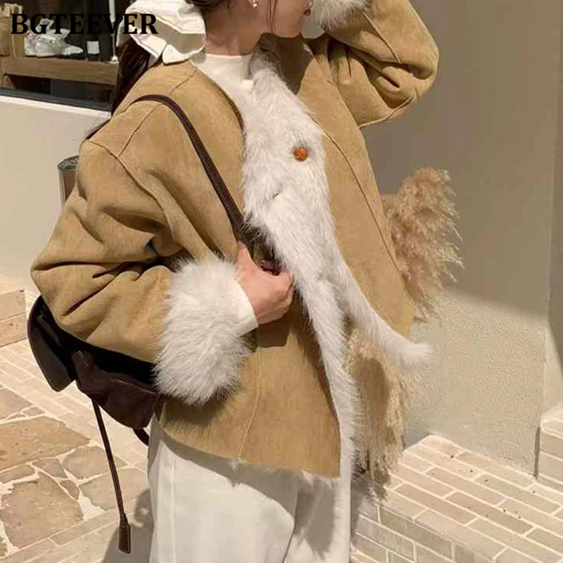 BGTEEVER Elegant Thicken Velvet Ladies Solid Warm Jackets Winter Fashion V-neck Long Sleeve Loose Female Single-breasted Coats