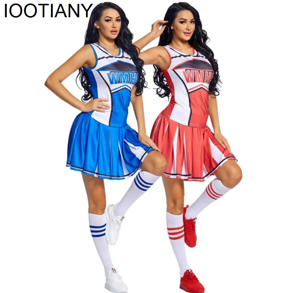 КосплейНовая женская школьная форма, сексуальная форма черлидинга, женский костюм черлидера, косплей, мини-плиссированная юбка + укороченный топ + помпоны + носок