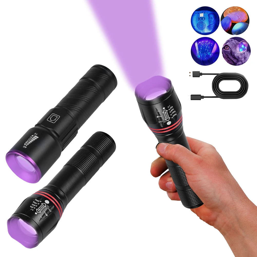 Portable Torch Multi-Function Telescopic Zoomable Flashlight USB Rechargeable Flashlight for Fluorescent Detection