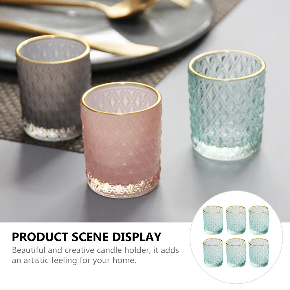 

6Pcs Gold Rimmed Relief Cup Creative Glass Holder Artistic Candlestick for Home Office Decoration Glass Candlestick