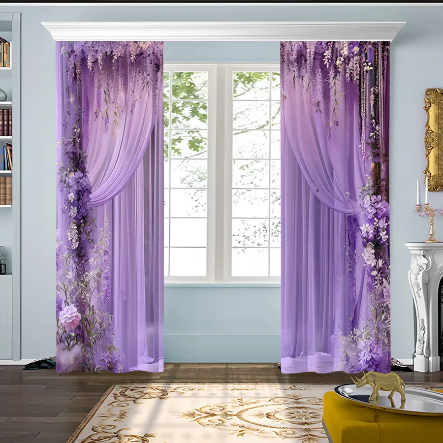 2PCS Romantic Purple Flower Curtains, Vintage Floral Print, Elegant Window Drapes for Living Room Bedroom Home Decor