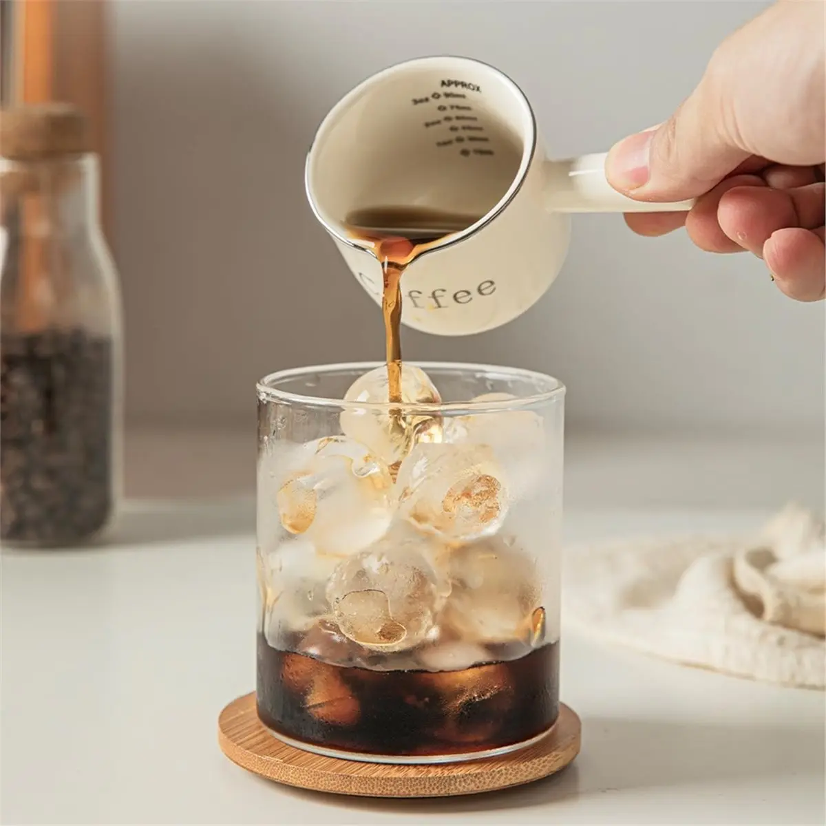 A67T NEW Espresso Cups, Ceramic Measuring Cup, 90ML Cup with Handle, Shot Cup with V-Shaped Mouth, Pitcher for Espresso Making
