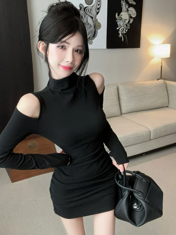 

Black Hollow out Shoulder High Collar Bodycon Short Skirt Sexy Velvet Dress Korean Style Commute Winter Long Sleeve Dress