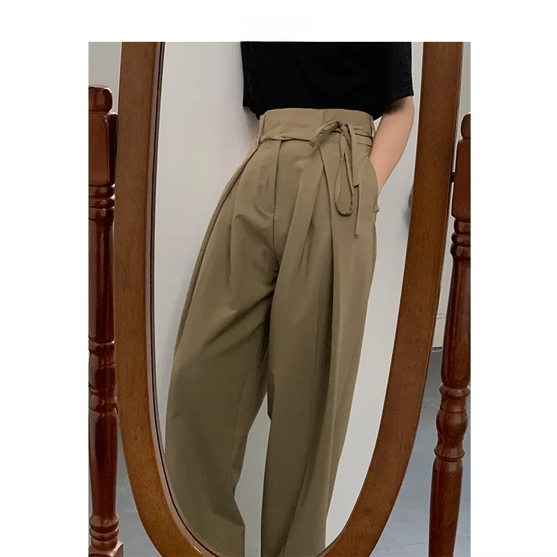 

MION Casual Pants Waist Design Sensation Loose Fit Long Trousers Youth Faion Summer Season Pure Color Korean Sle