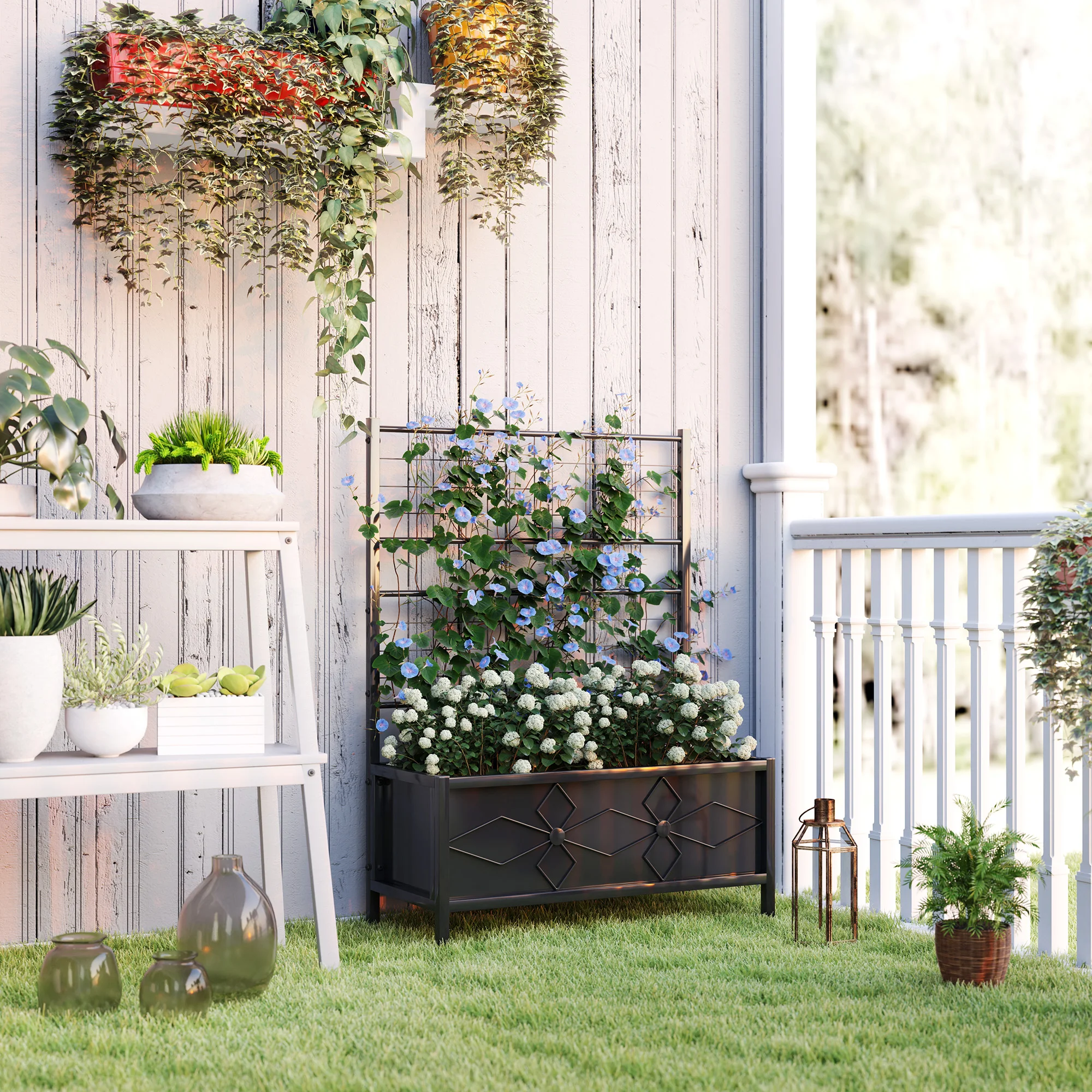 Galvanized Raised Garden Bed with Trellis Planter Box, Black