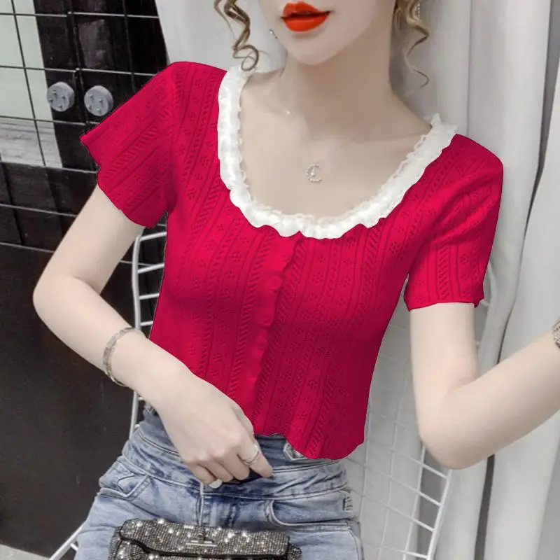 Knitted Short-sleeved T-shirt Women 2024  Summer Lace Patchwork Square Collar Design Feeling Niche Short-style Hollow-out Blouse