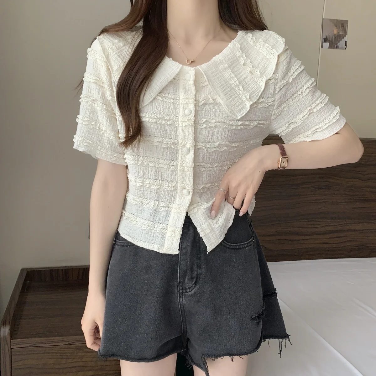 Camisas de manga curta das mulheres casual streetwear moderno e minimalista blusa de algodão macio botão para baixo solto ajuste turn collar chique