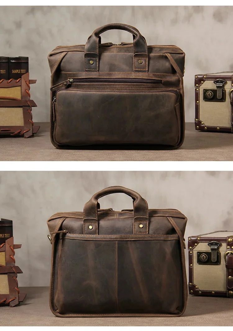 Vintage Genuine Leather Briefcase For Male Handmade Handbags 14 Inch Computer 2024 Popular Designer Crossbody Bag