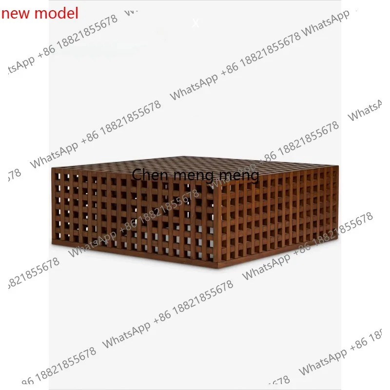 

Medieval coffee table solid wood, French style, large retro square Chinese grille in the living room