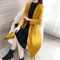 Yellow Knitted Cardigan Women Clothing Hooded Long Sweater Coat 2022 Autumn Winter Korean Fashion Loose Pocket Sueters De Mujer