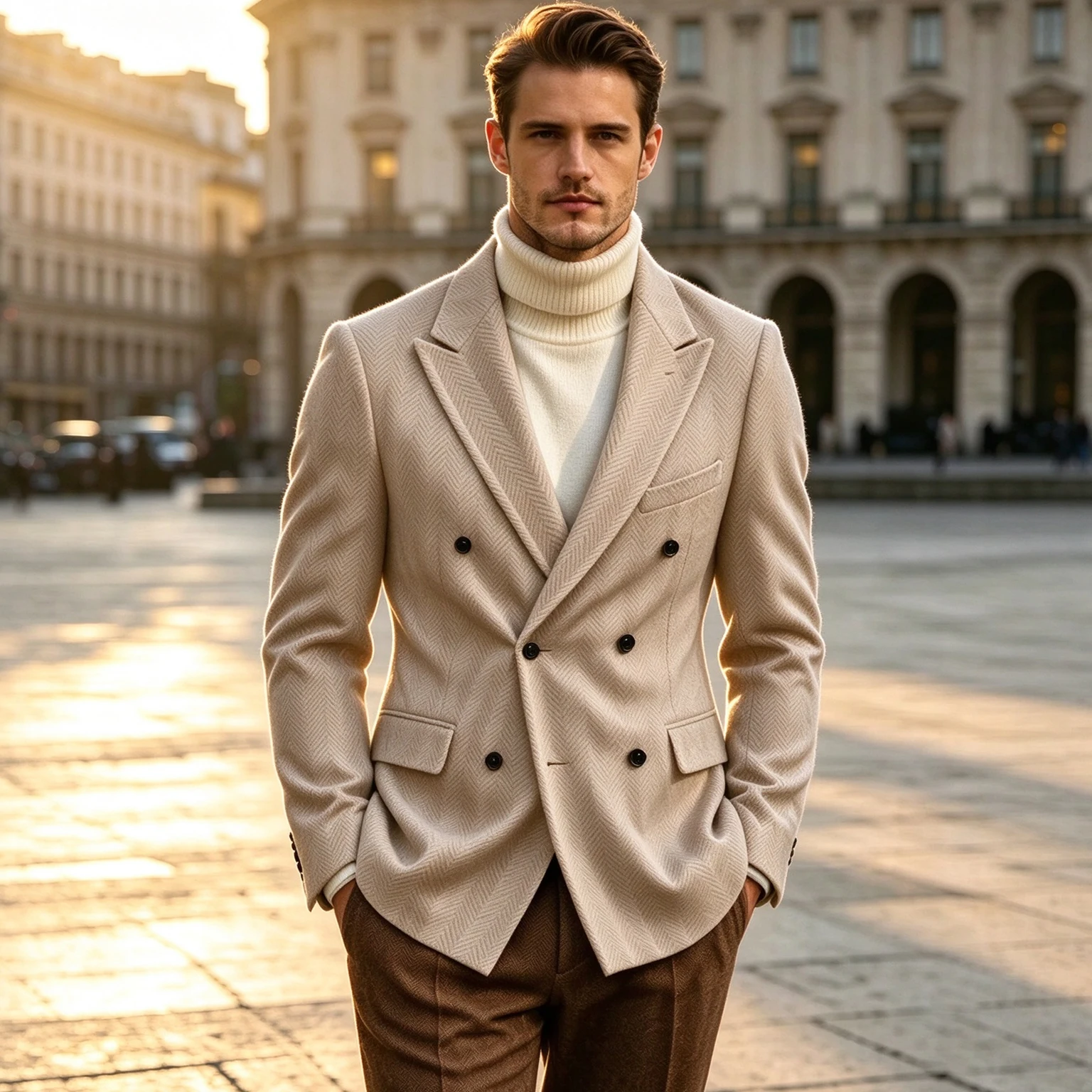 Men's Herringbone Tweed Blazer Double Breasted Peak Lapel Wool Blend Suit Jacket Vintage Business Casual Autumn Winter Outerwear