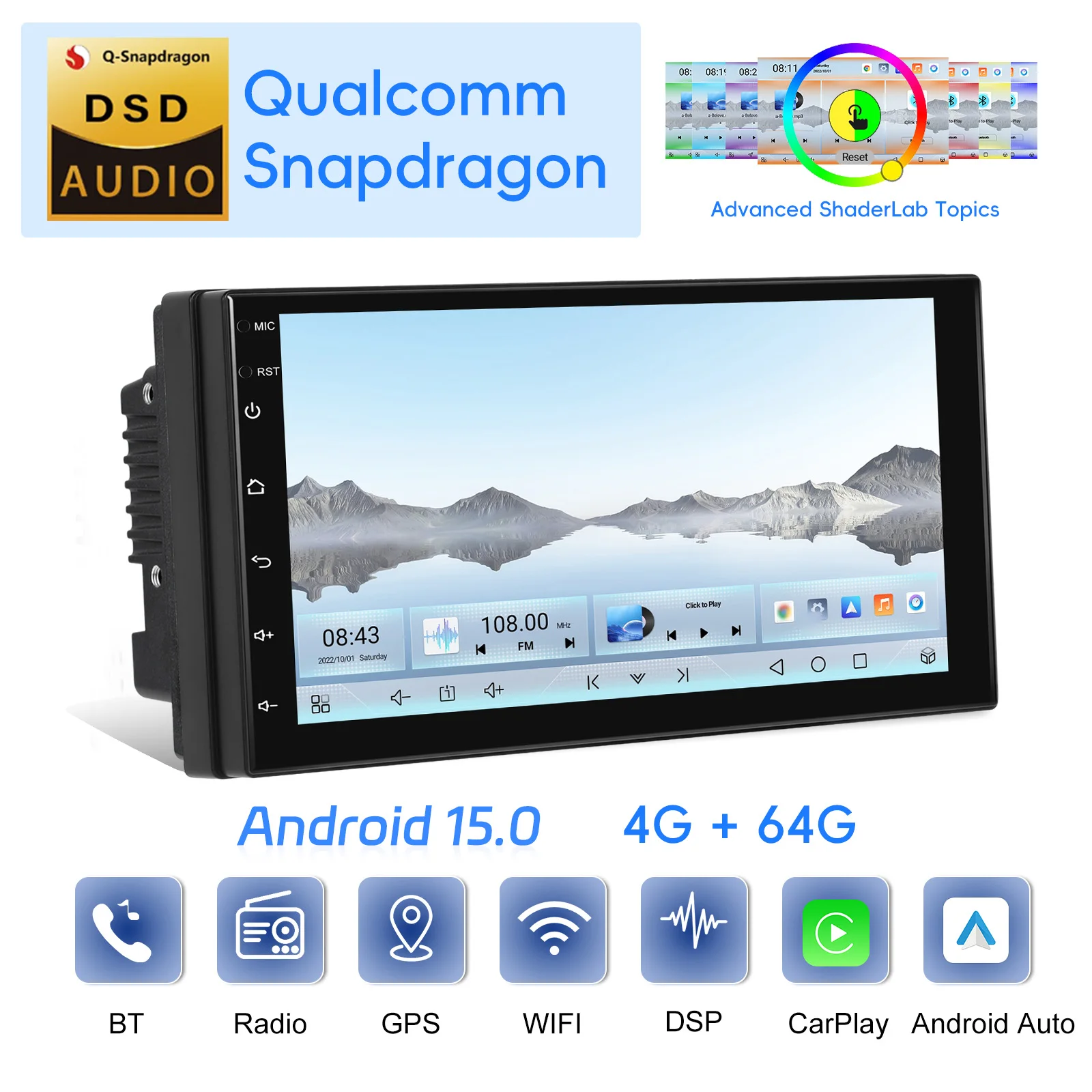 Podofo 2Din 4+64G Android Autoradio Snapdragon 8-Kern Universelles Intelligentes Autosystem Carplay Android Auto GPS WLAN Mirror Link – Detail 1