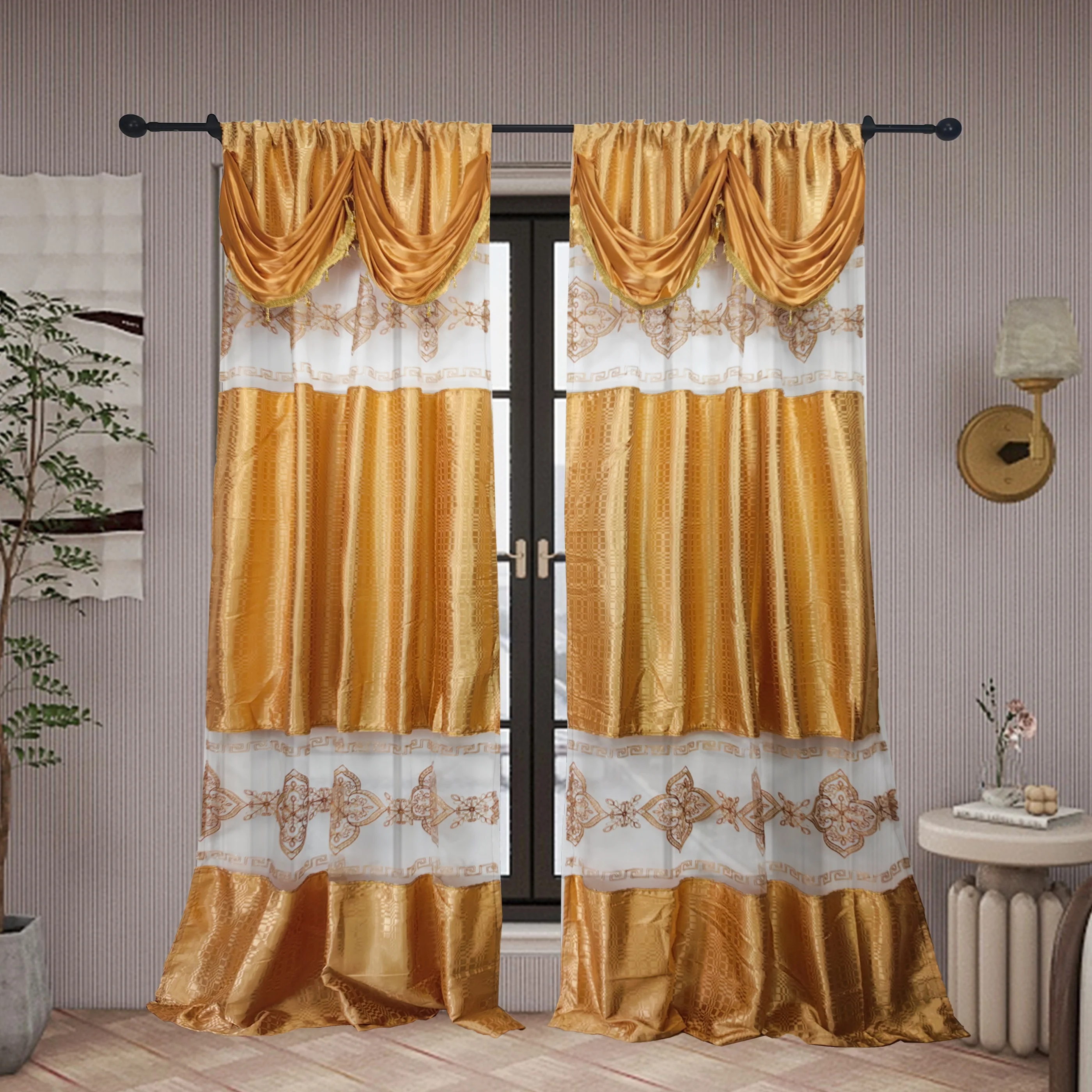 

2pcs Jacquard Curtain With Valance, Rod Pocket Curtain For Living Room Office Home Decor, Luxury Window Treatments for Bedroom