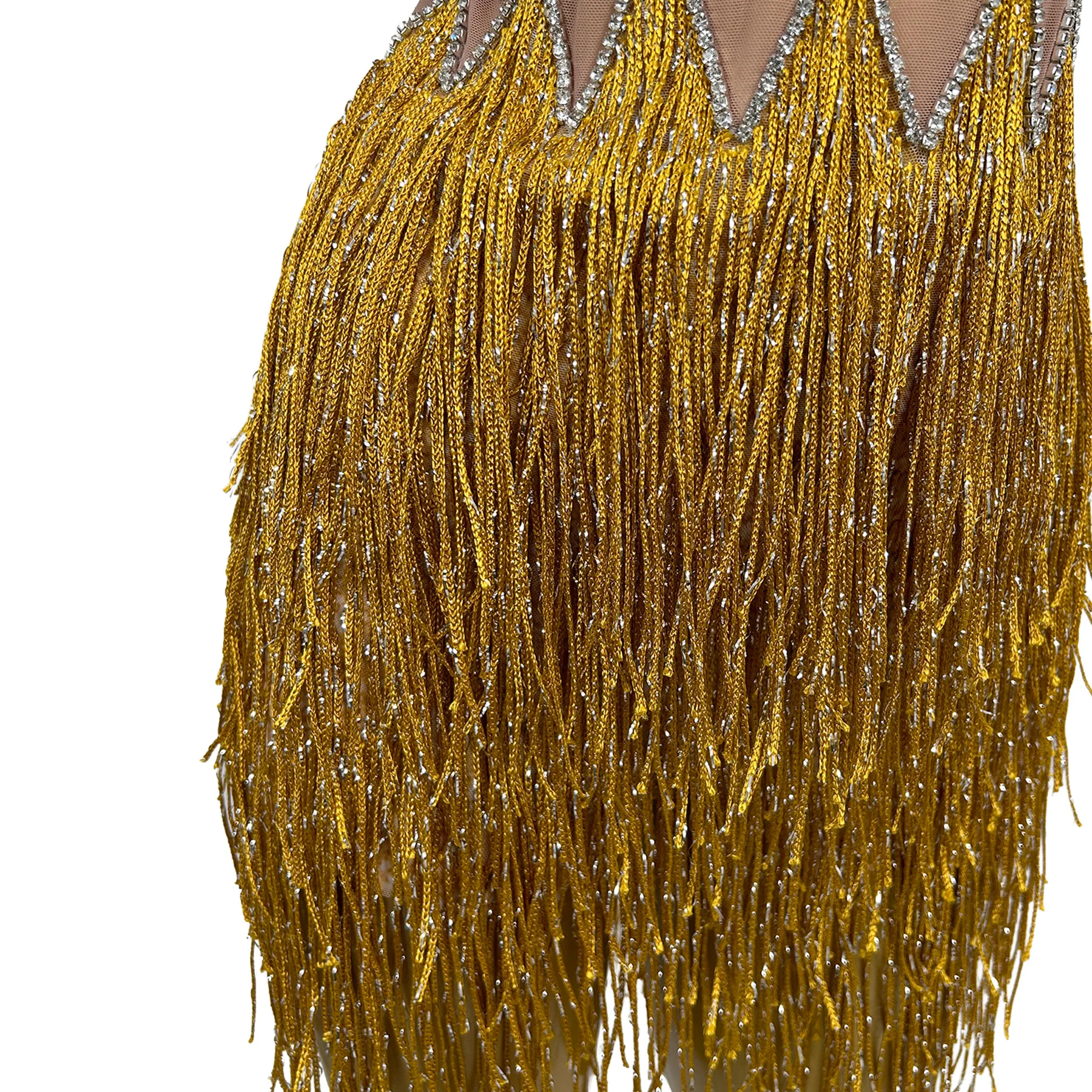 Sexy Women Gold Fringe Sparkly Rhinestone Mesh Bodycon Bodysuit Latin Dance Wear Nightclub Stage Performance Costume Maitian