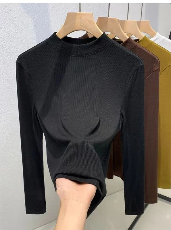

plus Size Women's Long Sleeve Thermal T-Shirt Korean Style Simple Match Autumn Winter Polyester Fiber Half High Collar Loose Fit