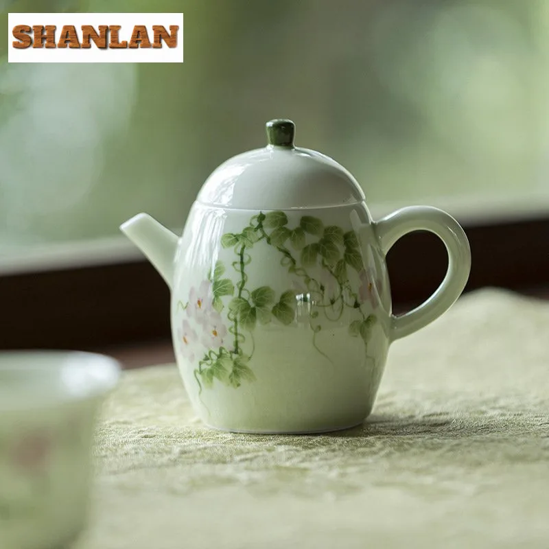

130ml Little Green Ceramic Hand-painted Flowers Teapot Traditional Tea Infuser Pot Tea Brewing Kettle With Filter Cafes Gift