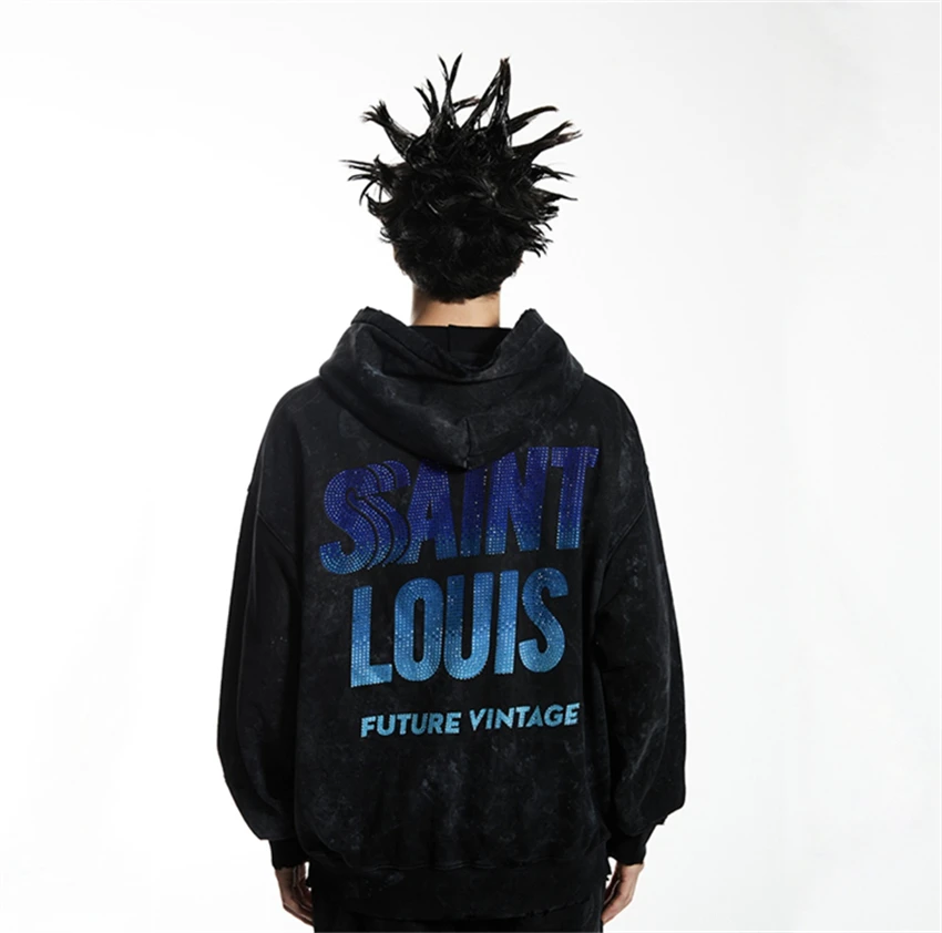 High Quality SSSAINT LOUIS Oversize Gradient Logo Hooded High Street Casual Loose Vintage Rock Popular Washed Cotton Sweatshirt