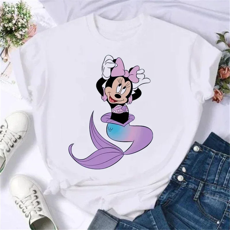 Kawaii Minnie Print Women T-shirt Fashion Short Sleeves T Shirt Female Harajuku Anime Cartoon Casual Streetwear Y2k Clothes Tops