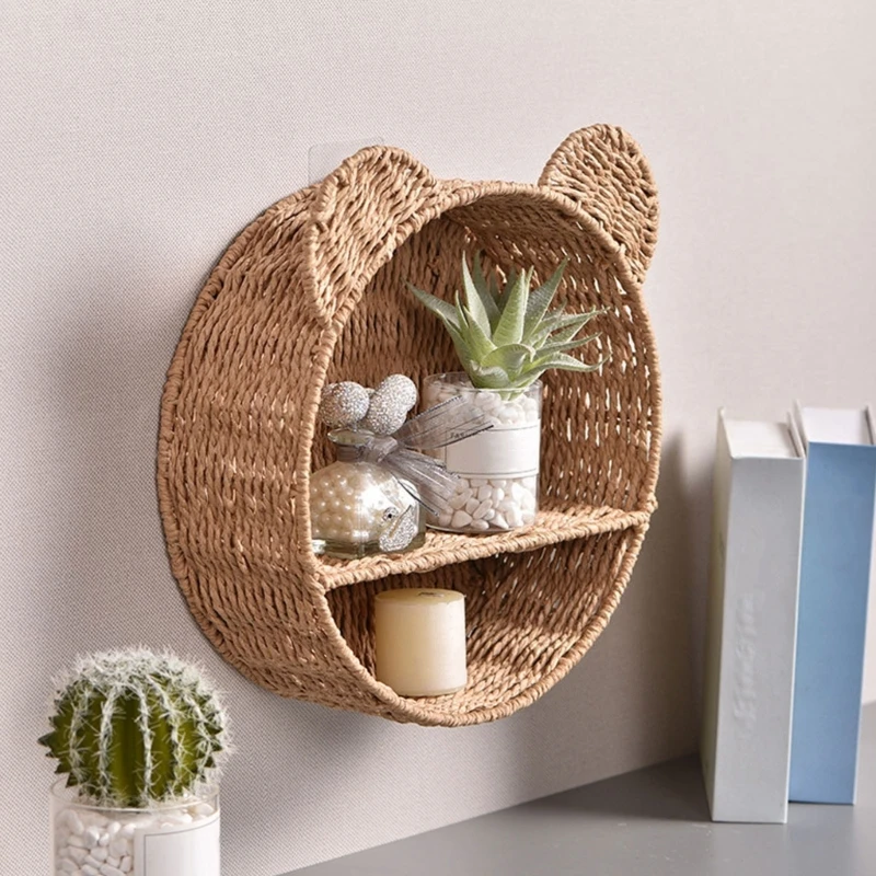 Bear Ear Woven Hanging Basket Wall Shelf Rattan Woven Storage Rack Small Plant Display Floating Shelf Home Decors