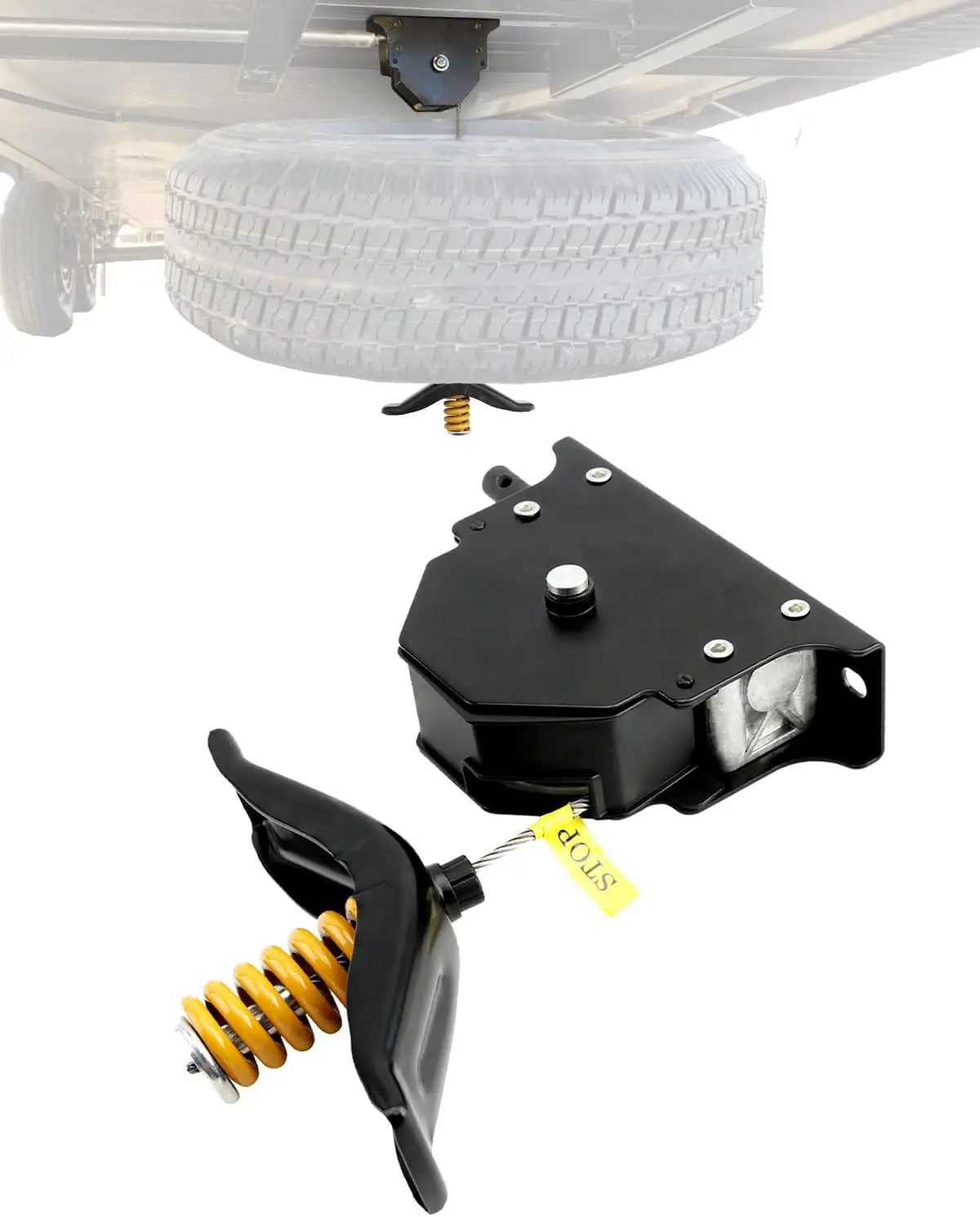 

Spare Tire Hoist Winch Carrier for RVs Trailers Trucks Motorhomes with Offset Cable and Lift Assembly