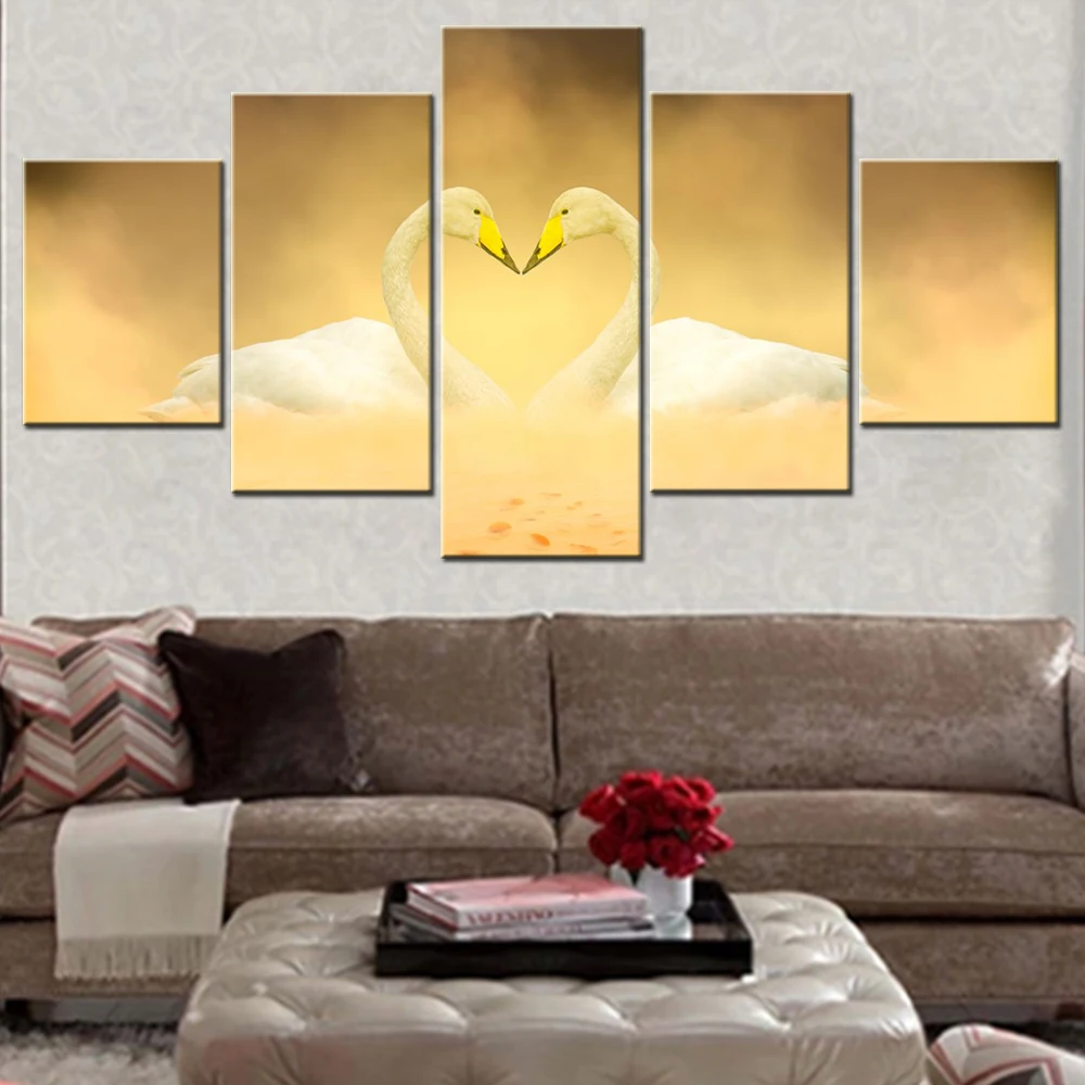 

5 Pieces Canvas Wall Arts Poster Painting Animals White Swan Love Birds Wallpaper Home Decor Picture Printing Living Room Arts