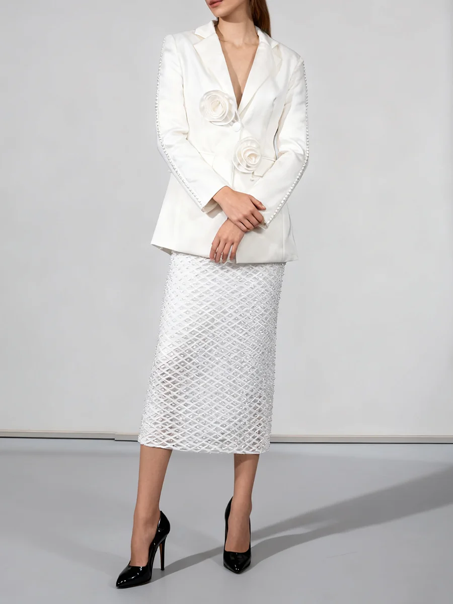 TWOTWINSTYLE Solid Spliced Bead Two Piece Sets for Women Lapel Long Sleeves Patchwork 3D Flower Blazer Sheer Skirt Set Female