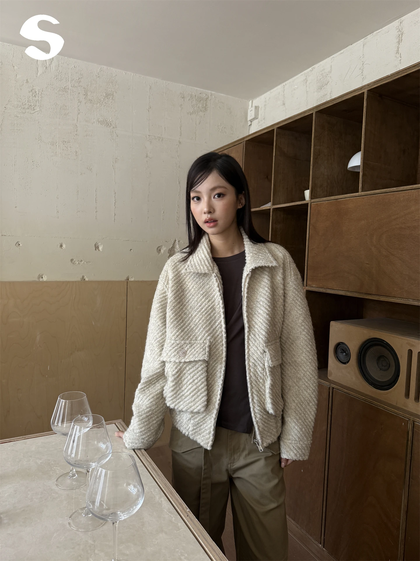 

Sp at Шерстяной воротник на молнии Jaet Осень Зима Свободный крой универсальная твидовая верхняя одежда для поездок на работу Sle Long Sve