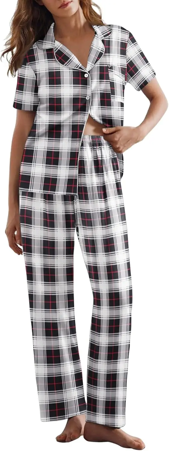 

Женский пижамный комплект, клетчатая пижама, мягкая пижама на пуговицах, ночная рубашка с короткими рукавами и длинными брюками