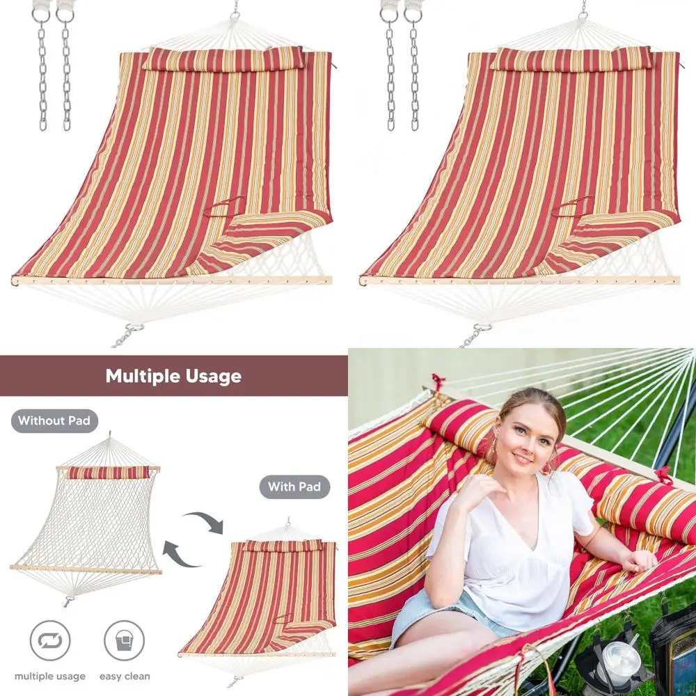 

Двойной гамак в красную полоску с подушечкой и подушкой, подвесная на дерево для двоих, с распоркой из твердой древесины