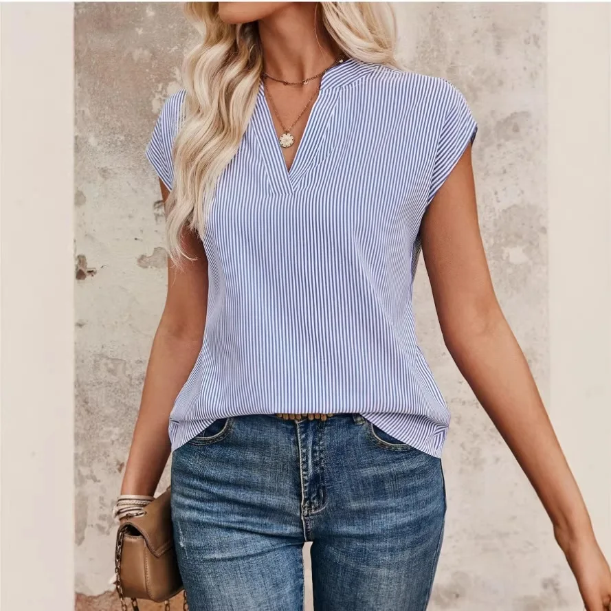 

2026 summer new button-down short-sleeved shirt lapel casual striped top