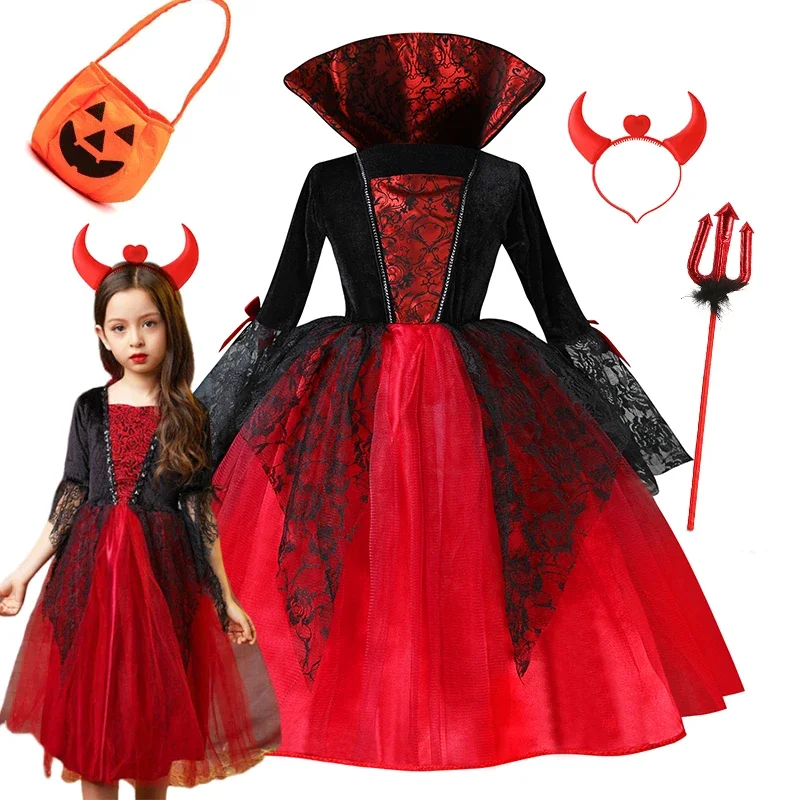 Mädchen Gothic Vampir-Königin Rot-Schwarzes Spitzen-Tüllkleid Teufelshörner Handschuhe Halloween Karneval Kinder Cosplay Party Outfit – Detail 1