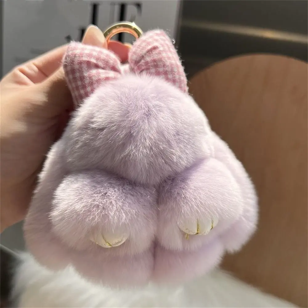Women Girls Hair Bow Rabbit Fur Keychain Cute Fluffy Bunny Keychain Alloy Ring Pompoms Rabbit Key Ring Jewelry Gifts