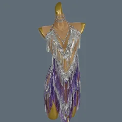 Purple Short Party Dress Women Sexy Spark Rhinestones Tassel Prom Gowns Celebrate Singer Dancer Costume Club Stage Oufit Yaobai