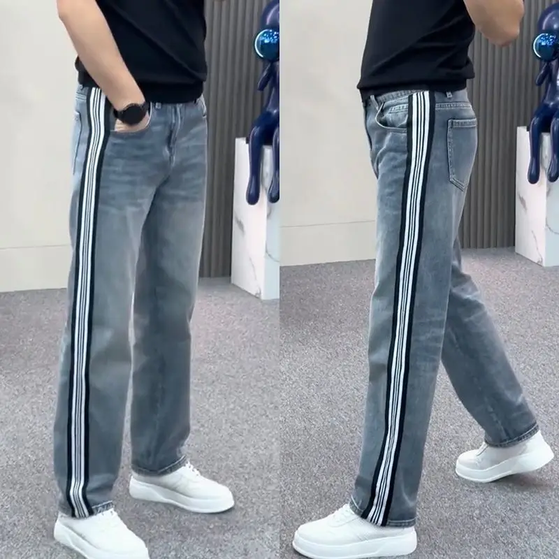 2025 Autumn Black White Striped Spliced Jeans Men's Trend Youth Casual Small Right-angle Pants Baggy Wide-leg Streetwear Pants