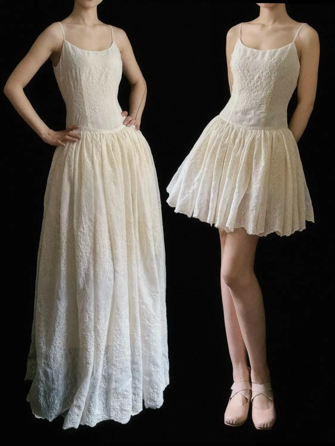 Ballet Style Embroidered Lace Dress French Summer Vacation Heavy Industry Long /Short Style Temperament Slim Strap Dress w1428