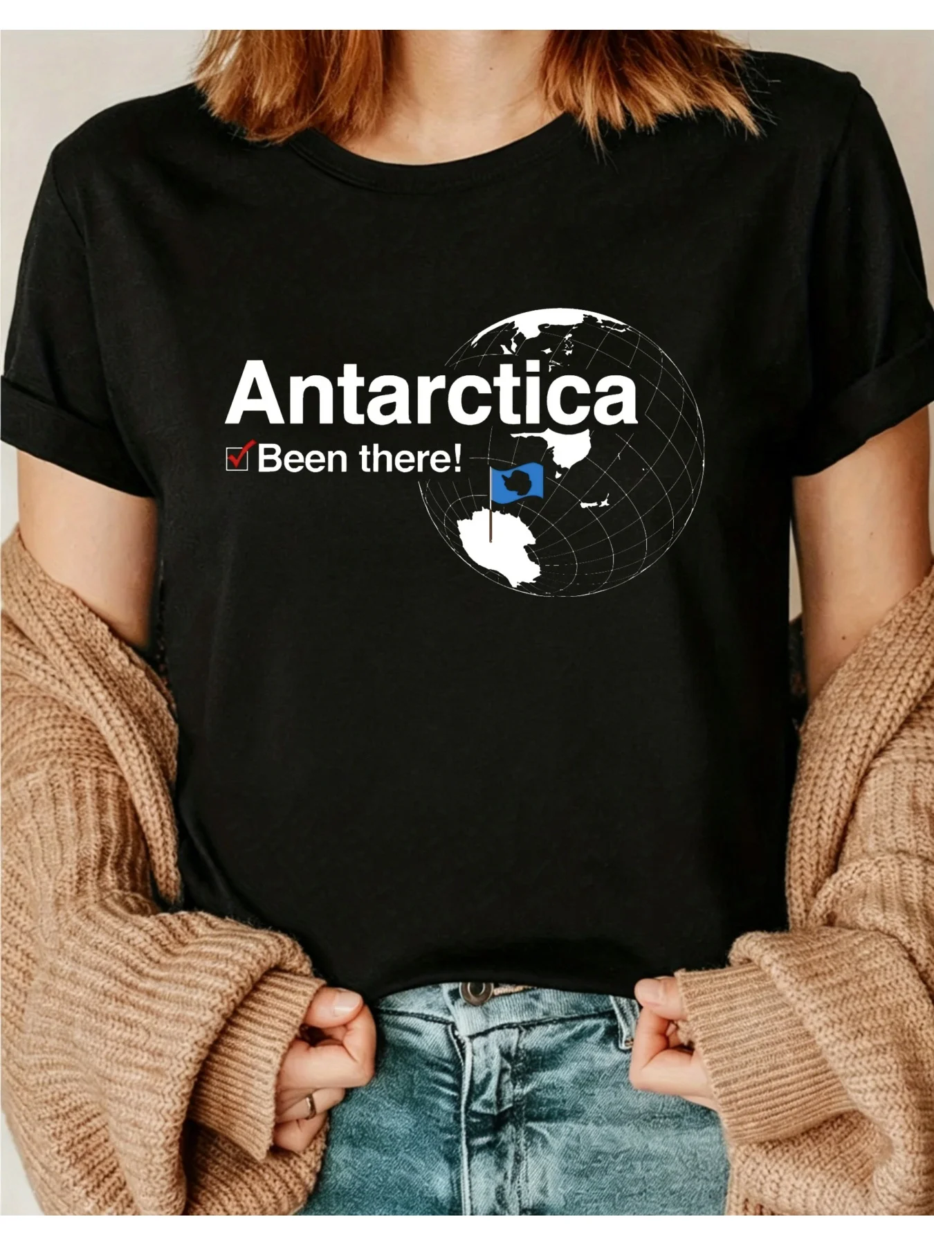Antarctic Adventure Style Women's T-Shirt with Antarctic Flag and Earth Pattern, Summer Travel Gift, Suitable for Adventure Enthusiasts, 01 Round Neck Short Sleeve Top, All-Season Wear, Casual and Versatile