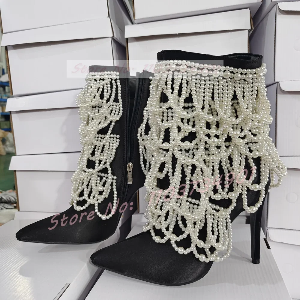 Pearl Chain Verzierte Satin Black Boots Women Classy Pointy Toe Zip Mid Calf Thin High Heels Shoes Lady Sexy Fashion Showy Boots