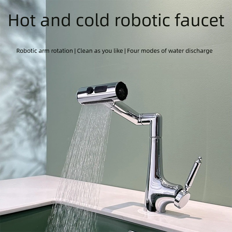 

Смеситель для раковины, раковина для ванной комнаты с горячей и холодной водой, многорежимный водовыпуск, механическая рука, вращающийся смеситель для умывальника