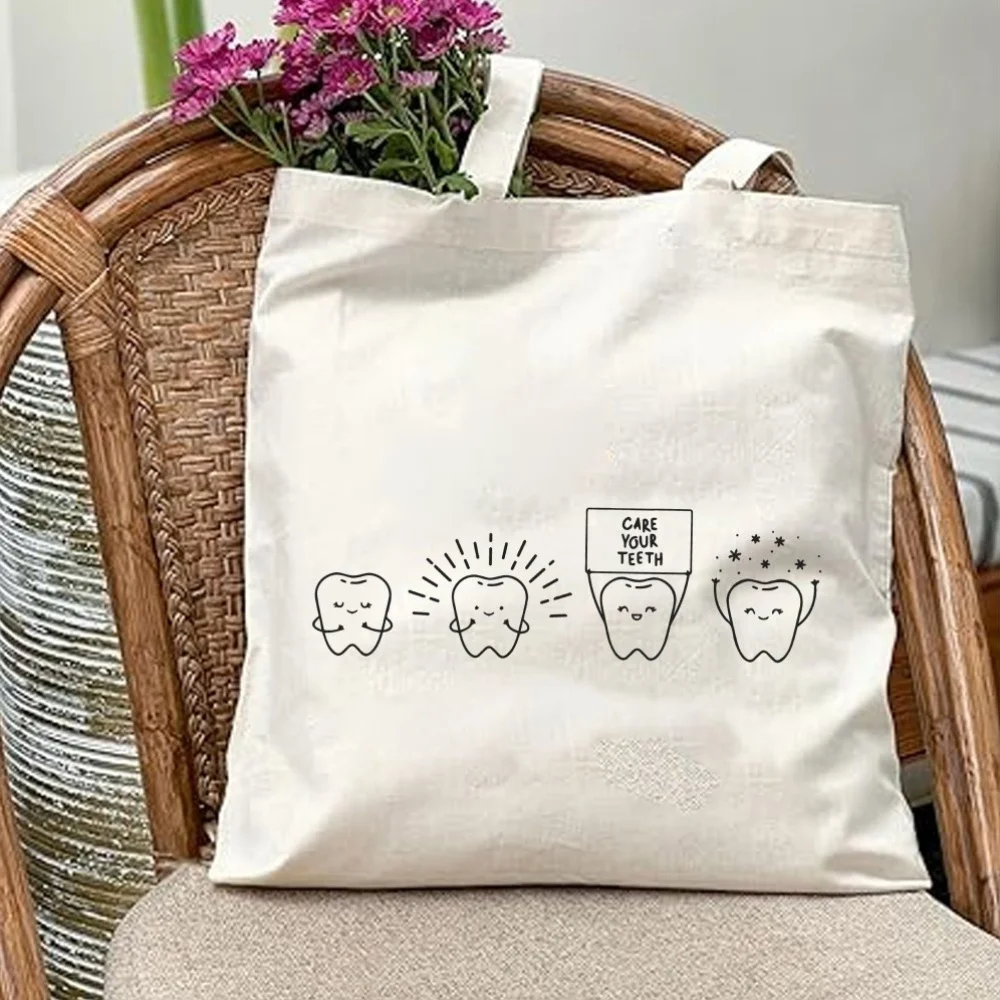 1pc of 2D Flat Printed Canvas Tote Bag for Women Featuring a Dental Theme - Made from Sturdy White Canvas with a Playful Dentist
