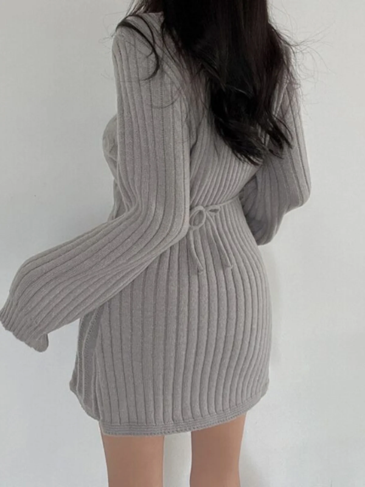 Slim Fit tricoté Dr v-ne ort enveloppement autour de la taille cintrée coréenne Sle femmes Faion automne longue Sve jupe mi-longue