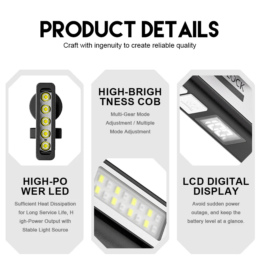 مصباح LED محمول فائق السطوع COB مصدر ضوء مزدوج EDC ضوء عمل 6 أوضاع مصباح طوارئ مغناطيسي قابل لإعادة الشحن مع شاشة رقمية #3