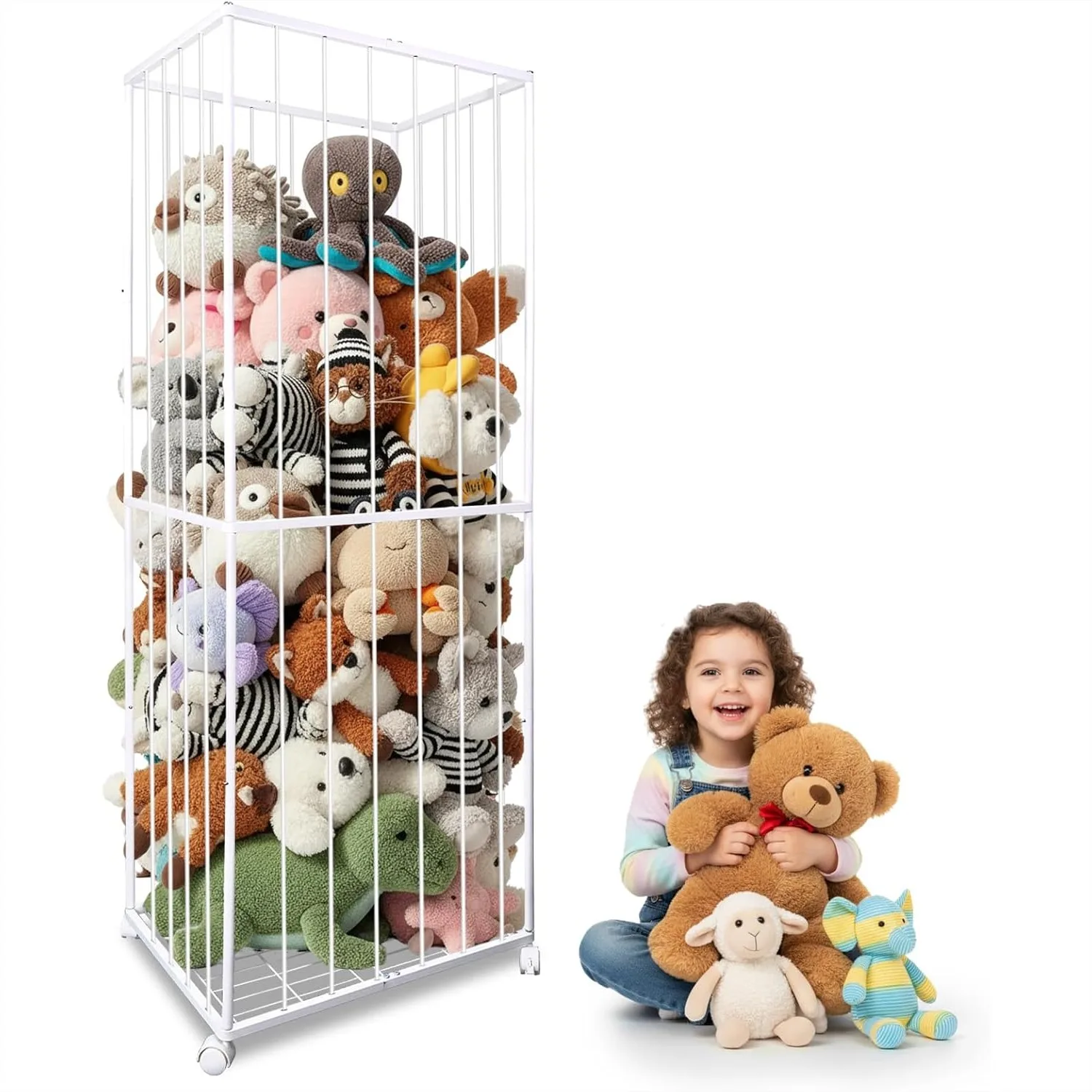 

Metal Stuffed Animal Storage with Brake Wheels for Nursery Playroom Kids Room White 61x23.6x16.5 Inches
