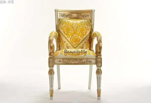 

European solid wood dining chair luxury custom villa light luxury high-end carved armchair