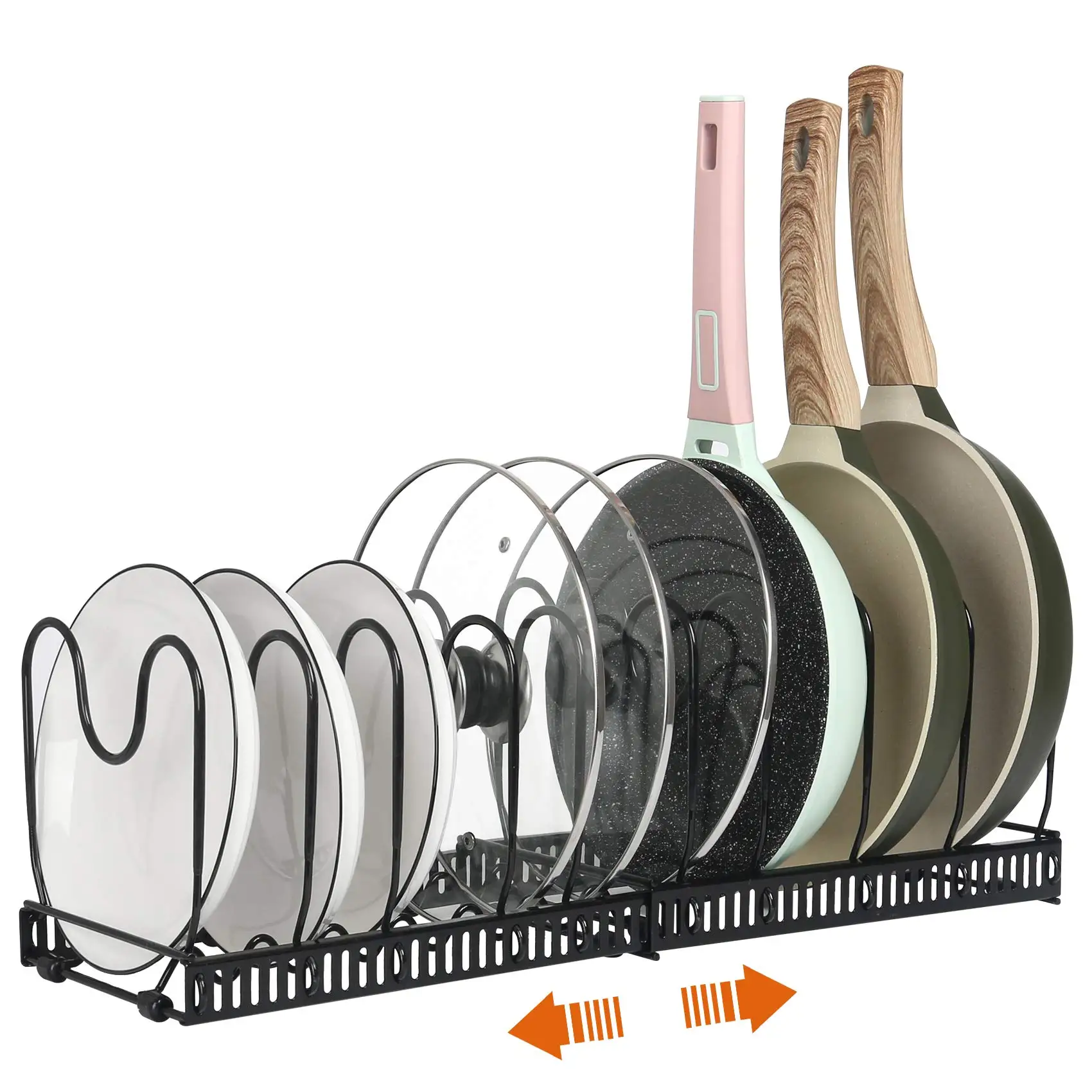 

Pot and Pan Lids Organizer Rack Expandable Holder For Cabinet With 10 Adjustable Dividers For Kitchen Cookware Bakeware Storage