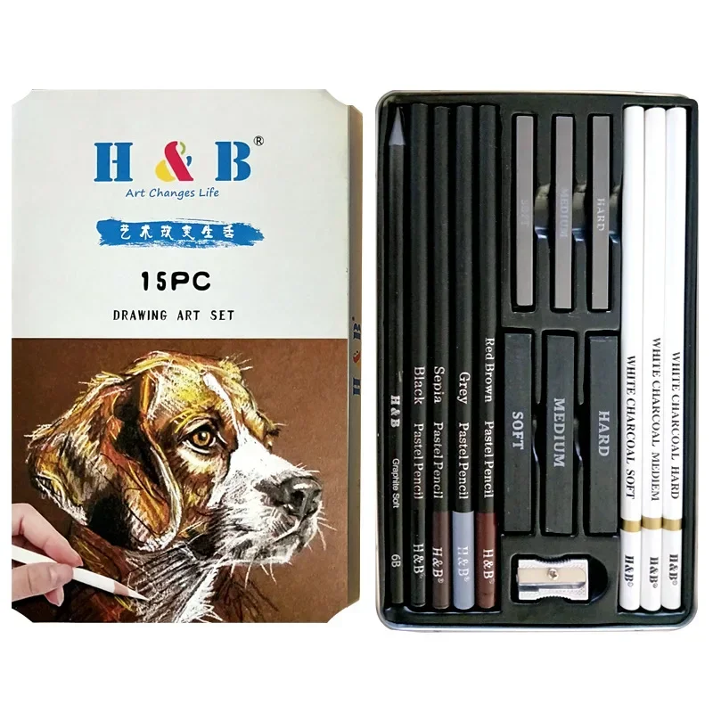 Arte Pintura Conjunto para Desenho e Esboço, Escova De Carvão Branco, High Gloss Paint Lápis Set, Art Supplies, 15PCs