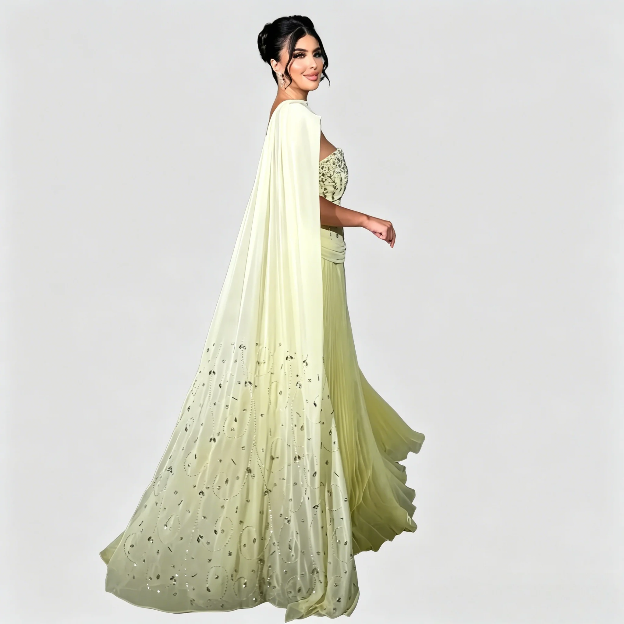 

Customized Elegant Strapless Yellow Arabic Evening Dress with Cape Sleeve Bead Luxury Crystal Dubai Wedding Party Gowns