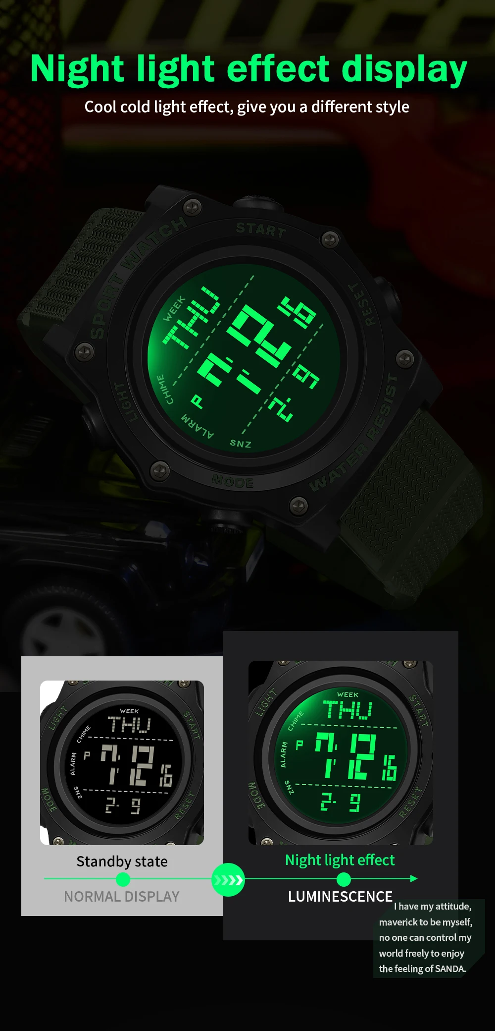 SANDA 2159 학생 전자 시계 스포츠 다기능 방수 LED 야간 조명 2025년까지 남성용 전자 디지털 시계