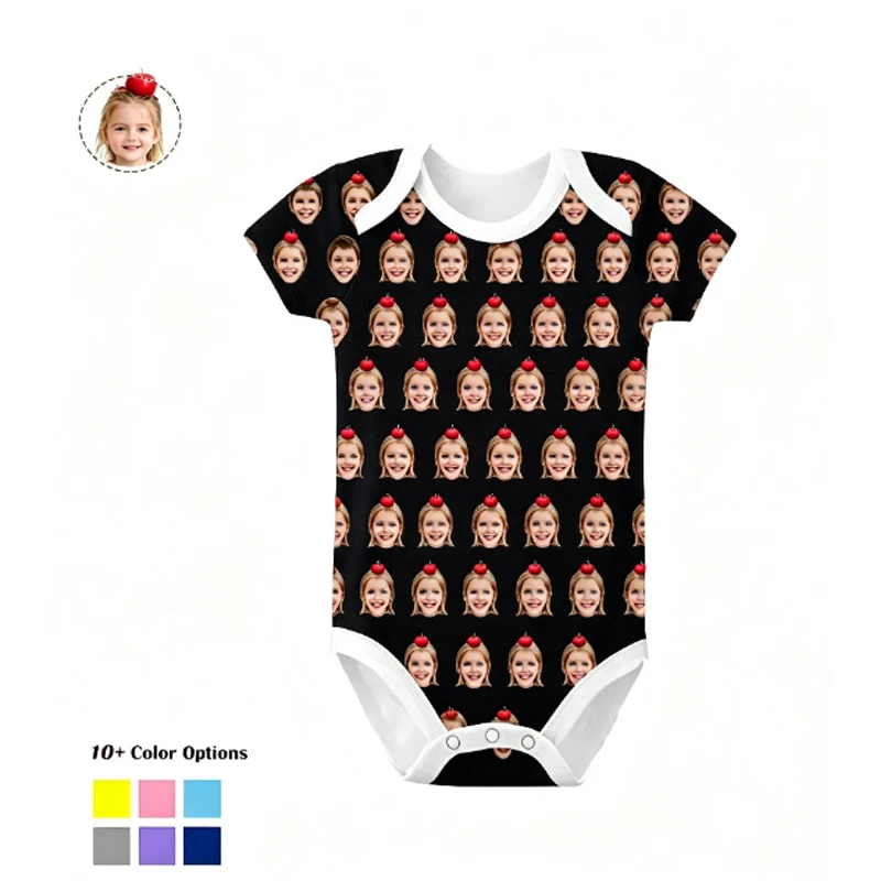 3pcs set Custom Photo Baby Romper, All Over Print Personalized Face Bodysuit , Soft Cotton Infant Onesie for New Mom Keepsake